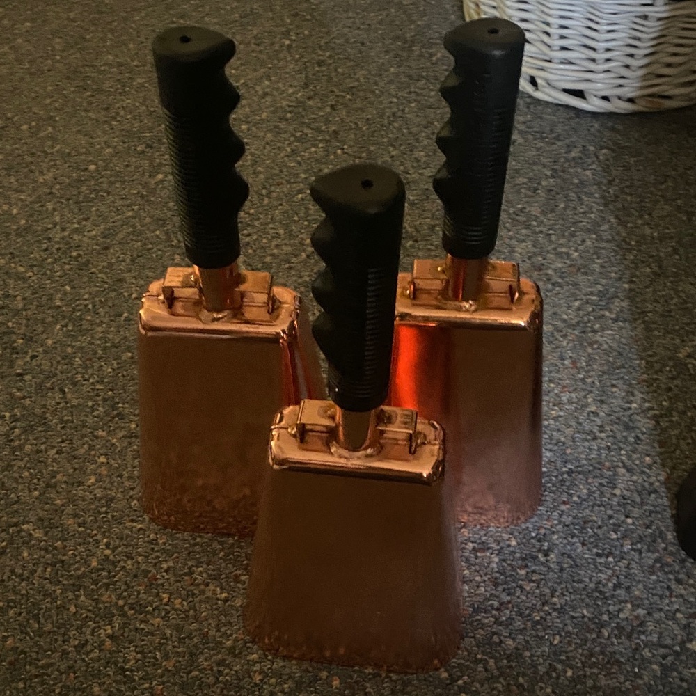 3 Large Elegant Copper Cow Bells Black Handles, noise makers